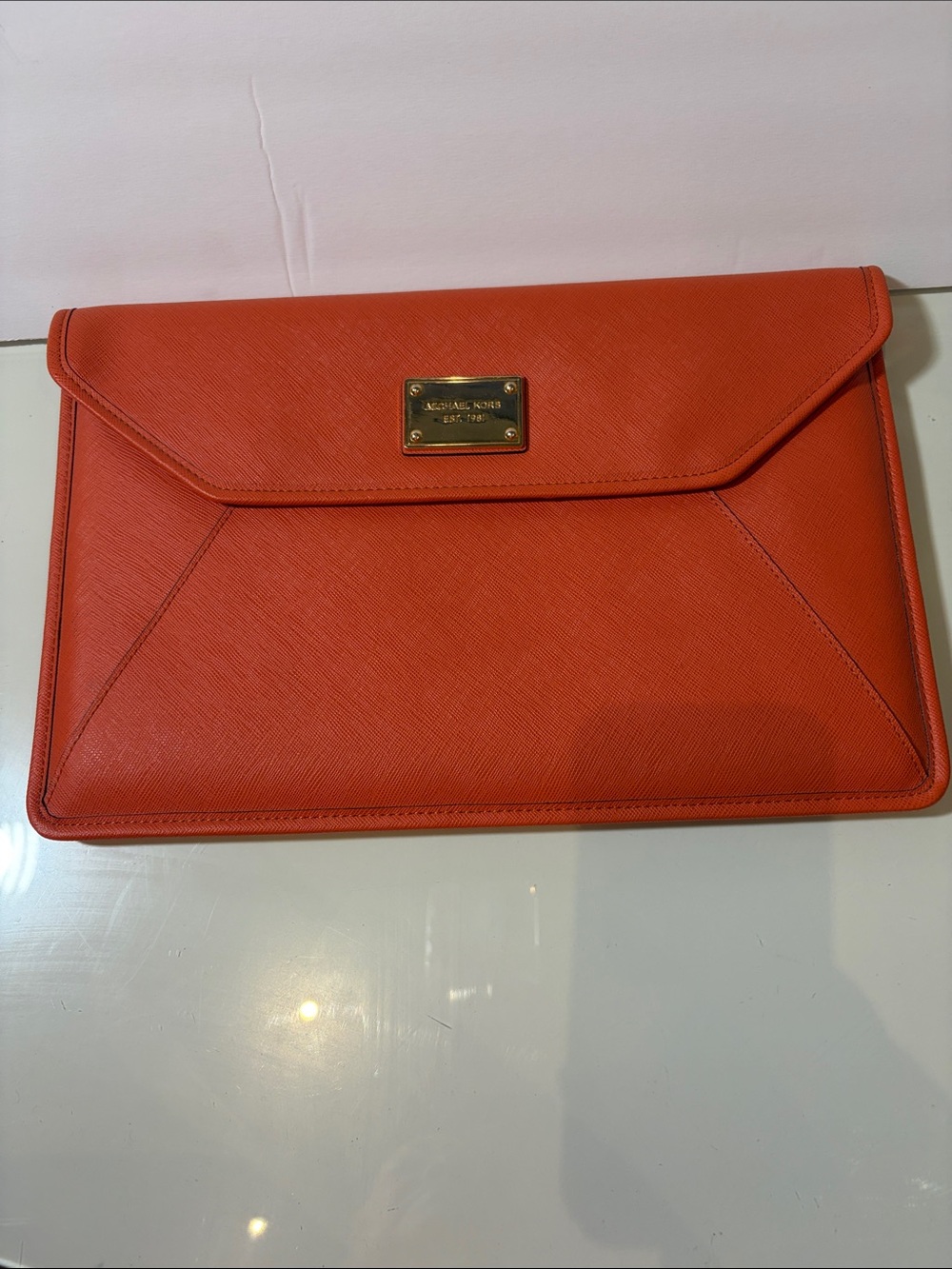 Michael Kors Orange Saffiano Laptop/IPad Case with Gold Plate Detail